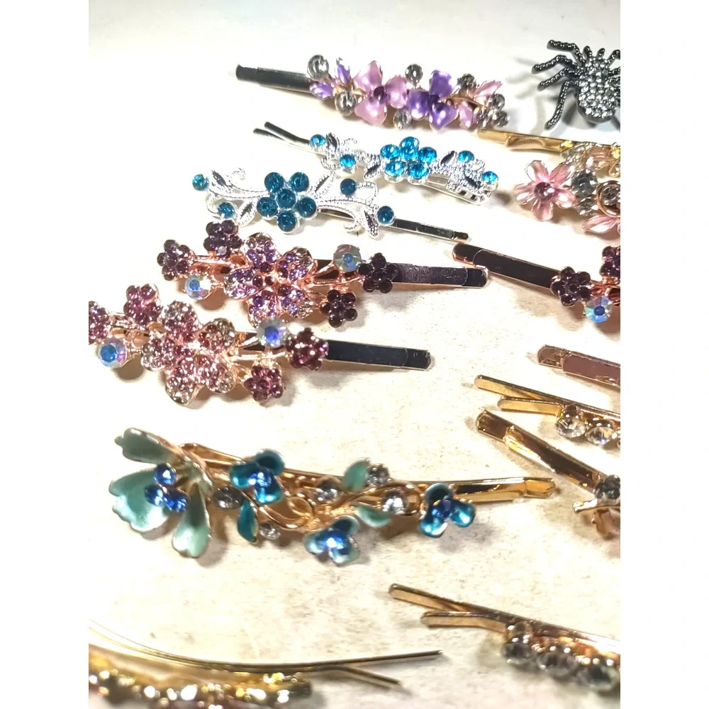 Lot Of 15 Fancy Bobby Pin Hair Barrettes Colorful Rhinestone